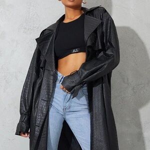 PrettyLittleThing faux croc Black Trench Coat
